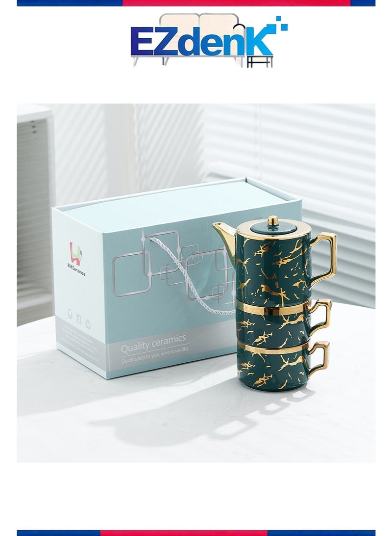 إزدنك طقم إبريق شاي وفنجان شاي سيراميك قابل للتكديس، مكون من 3 قطع، بنمط رخامي، غلاية مكدسة، كوبين وإبريق شاي واحد، مناسب للهدايا المكتبية والمنزلية (أخضر) - Image 1