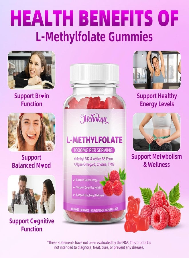 Mchokuu L-Methylfolate (5-MTHF) Gummies 1000mcg, Advanced Folate Supplement for Women & Men with Methyl B12, Choline, TMG & Omega-3 for Energy Support, Sugar Free Raspberry Flavor, Vegan 120 Count - Image 3