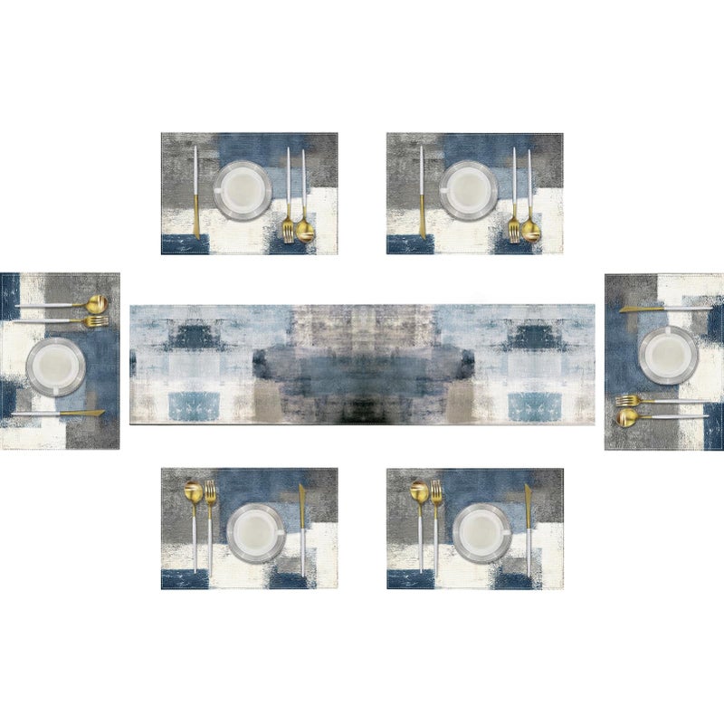 Emvency Emvency Farmhouse Table Runner and Placemats Set of 6 CottonLinen Abstract Blue and Grey Painting Art Dining Table Decor for Daily Use1 Table Runner 72 inches Long and 6 Placemats 