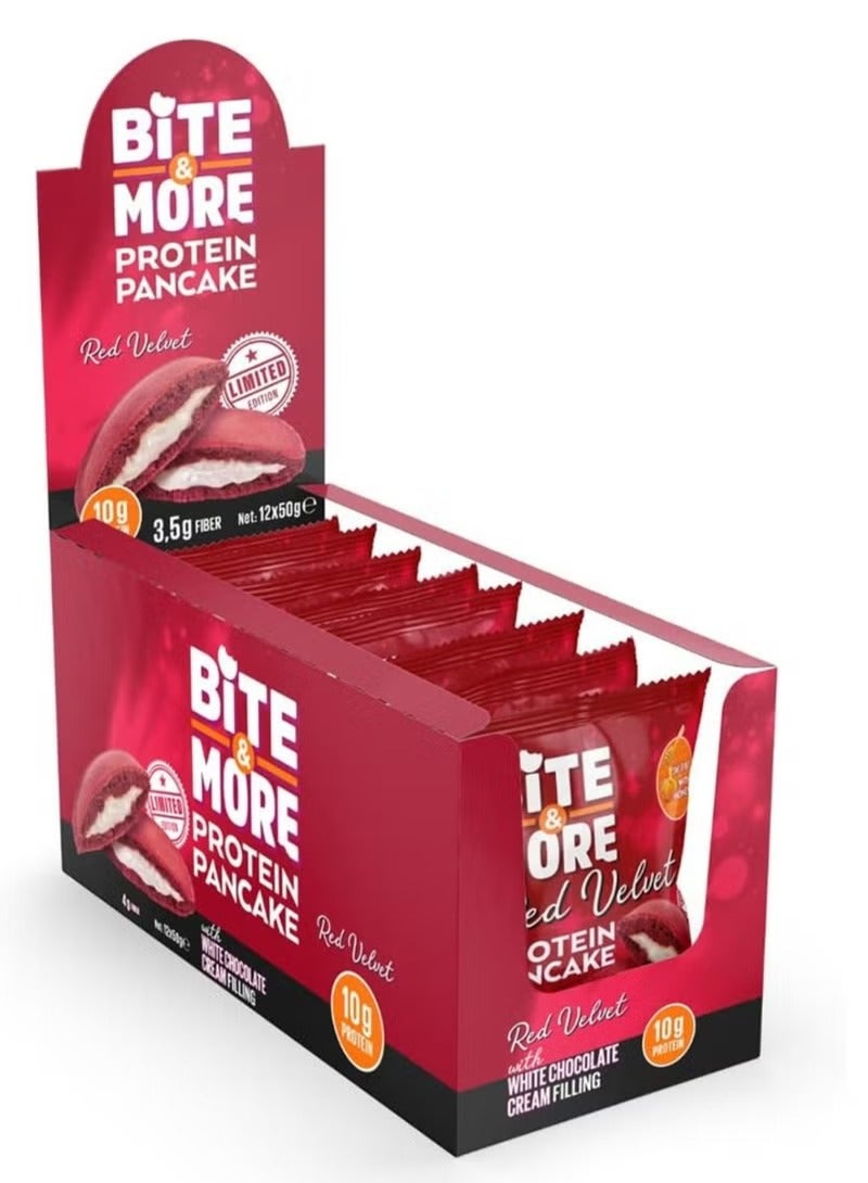 Bite & More Protein Pancake Red Velvet Flavour 50g – High Protein, Low Carb, No Added Sugar, Keto-Friendly Snack, Pack of 12 - Image 1