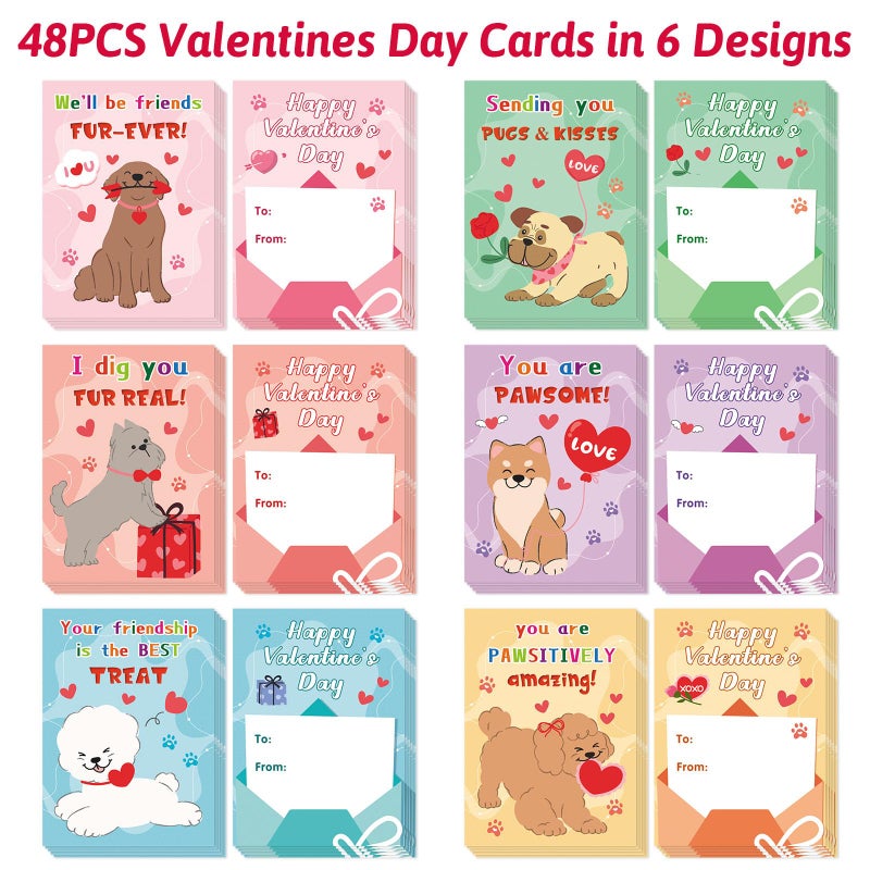 HEYINSHEN 48 Pcs Mini Valentines Cards for Kids Valentine's Day Classroom Exchange Kids Greeting Cards Children's Valentine's Day Dog Greeting Card Assortment Bulk Valentines Cards for Kid Party Favor - Image 3
