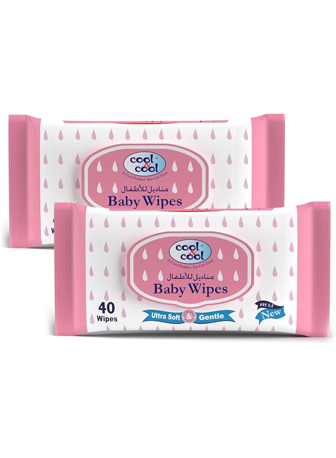 Cool & Cool Baby Wipes 40'S (Twin Pack) Alcohol Free Paraben Free Vitamin E Aloe Vera Ultra Soft & Gentle For Sensitive & Delicate Skin 80 Wipes