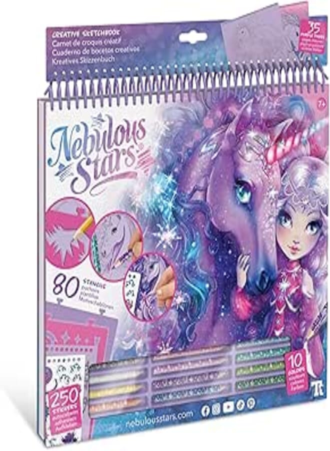 Nebulous stars fantasy horses sketchbook for kids - 35 large stenciled purple pages - comes with 80 stencils