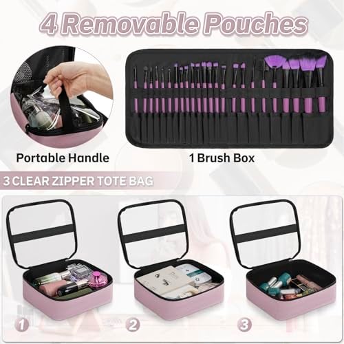 FREEAMG Extra Large Rolling Makeup Case with 4 Removable Pouches，Professional Make up Train Case with Wheels,Travel Cosmetic Bag for Hairstylists Nail Tech Makeup Artist with Detachable Trolley - Image 4