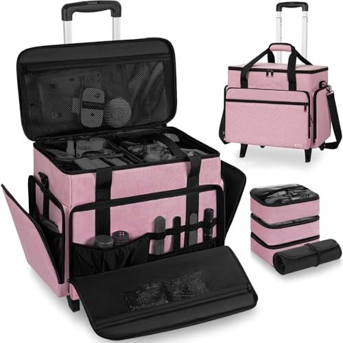 FREEAMG Extra Large Rolling Makeup Case with 4 Removable Pouches，Professional Make up Train Case with Wheels,Travel Cosmetic Bag for Hairstylists Nail Tech Makeup Artist with Detachable Trolley - Image 1