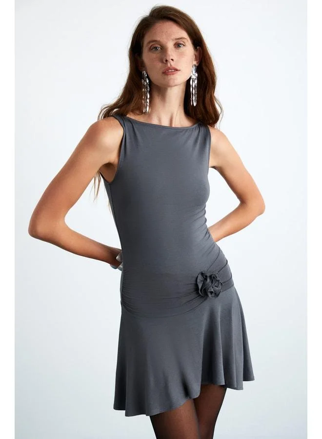 Ethiquet RICCY Women's Viscose Stretch Fabric Bodycon Dress with Asymmetric Wide Skirt and Decorative Floral Pattern in Grey.