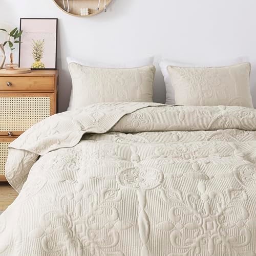 B2EVER Ivory Damask Quilt California Cal King Size Bedding Sets with 2 Pillow Shams, Oversized Boho Bedspread Lightweight Soft Farmhouse Vintage Coverlet Jacquard Pattern Bed Cover for All Season, 3 Pieces - Image 3