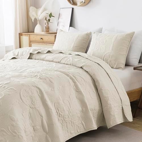 B2EVER Ivory Damask Quilt California Cal King Size Bedding Sets with 2 Pillow Shams, Oversized Boho Bedspread Lightweight Soft Farmhouse Vintage Coverlet Jacquard Pattern Bed Cover for All Season, 3 Pieces - Image 4