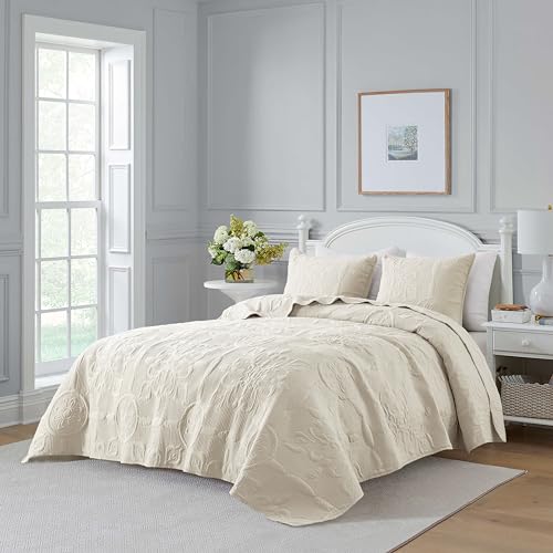 B2EVER Ivory Damask Quilt California Cal King Size Bedding Sets with 2 Pillow Shams, Oversized Boho Bedspread Lightweight Soft Farmhouse Vintage Coverlet Jacquard Pattern Bed Cover for All Season, 3 Pieces - Image 2
