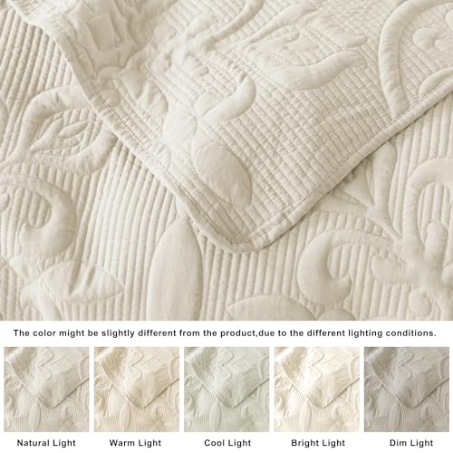 B2EVER Ivory Damask Quilt California Cal King Size Bedding Sets with 2 Pillow Shams, Oversized Boho Bedspread Lightweight Soft Farmhouse Vintage Coverlet Jacquard Pattern Bed Cover for All Season, 3 Pieces - Image 5