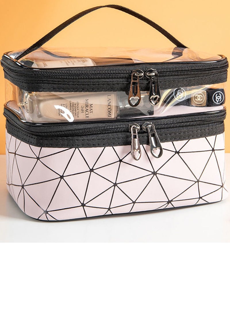 Women Large Capacity Double-Layer Travel Makeup Bag Zipper Thransparent Elegant Lady Waterproof Toilet Skin Care Products Cosmetic Bag Organizer Case Travel Portable Multifunction Lingge Wash Bag With Handle - Image 1