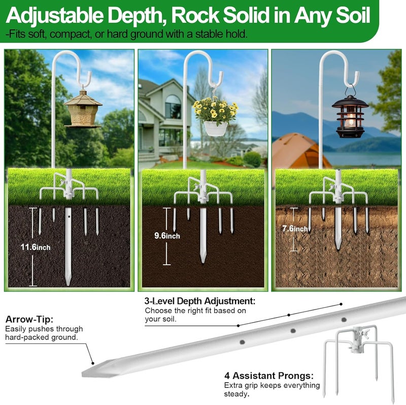 LAKEROD Hummingbird Feeder Stand - 62" Heavy Duty Bird Feeder Pole with Adjustable Anti-Tip Stake, Rustproof Shepards Hook with Hanger for Birdfeeders, Wind Chimes, Lanterns, Holiday Decor - White - Image 2