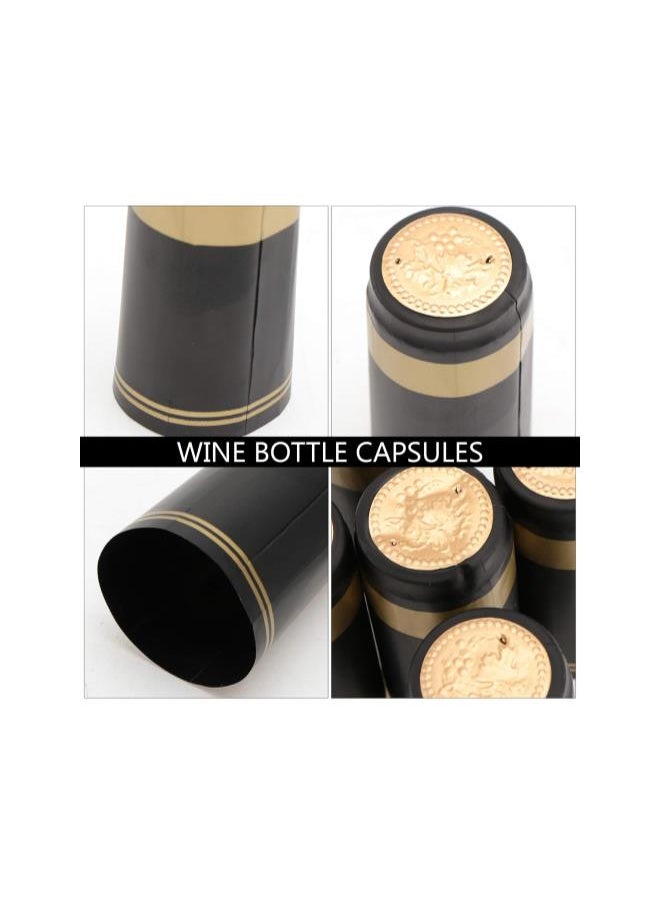 silvercnc - silvercnc Shrink Wrap Sealer 100Pcs PVC Heat Shrink Capsules Wine Bottle Capsules Wine Shrink Wrap Caps Shrink Caps for Wine Wine Cellars and Home (Black Golden Edg) Black Shrink Wrap - Image 1