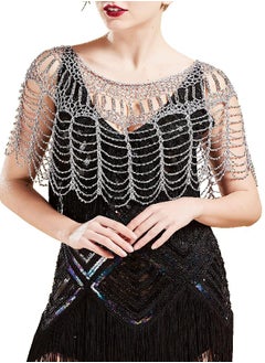 BABEYOND BABEYOND 1920s Shawl Wraps Beaded Net Evening Cap Wedding Bridal Shawl Scarf (Silver)  - Image 2