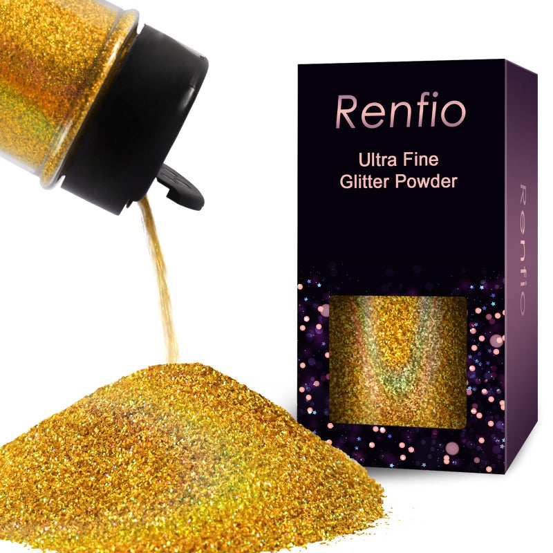 Renfio Holographic Ultra Fine Glitter Powder Metallic Resin Glitter 2.11 Oz (60g) PET Flakes Crafts Sequins 1/128" 0.008" 0.2mm Epoxy Chips Flakes for Tumblers Slime - Laser Gold - Image 1