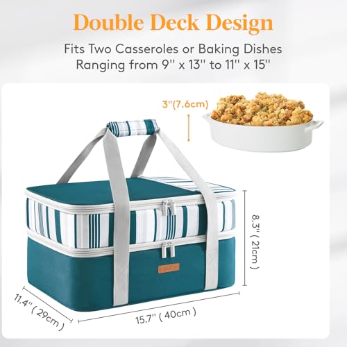 LUNCIA Insulated Double Decker Casserole Carrier, Lasagna Lugger Tote Keeps Food Hot or Cold, Thermal Lunch Bag for Potluck Parties, Picnic and Cookouts, Fits 9" x 13" Baking Dish, Green - Image 2