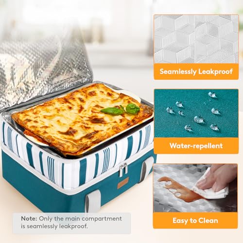 LUNCIA Insulated Double Decker Casserole Carrier, Lasagna Lugger Tote Keeps Food Hot or Cold, Thermal Lunch Bag for Potluck Parties, Picnic and Cookouts, Fits 9" x 13" Baking Dish, Green - Image 5