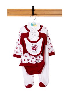 Babies Basic 5 Piece Unisex 100% Cotton Gift Set Include Bib, Romper, Mittens, Cap And Sleepsuit/Jumpsuit- Hello Little One  - Image 1