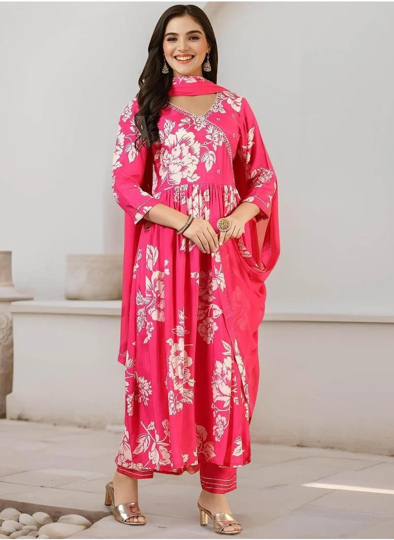 ISHIN Women's Pink 100% Cotton Embellished Tunic Full Length Casual Straight Fit Kurta Set