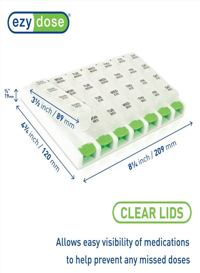 EZY DOSE Weekly (7 Day) 4 Times a Day Push Button Pill Organizer and Vitamin Planner, Removable Daily Pillboxes, Green, Convenient and Easy to Use, Clear Lids, Large, BPA Free - Image 2