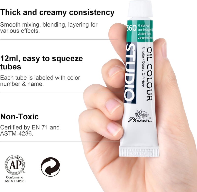 PHOENIX Oil Color Paint Set of 24 Tubes (12 ml) - Non-Toxic for Kids, Students, and Artists - Image 3