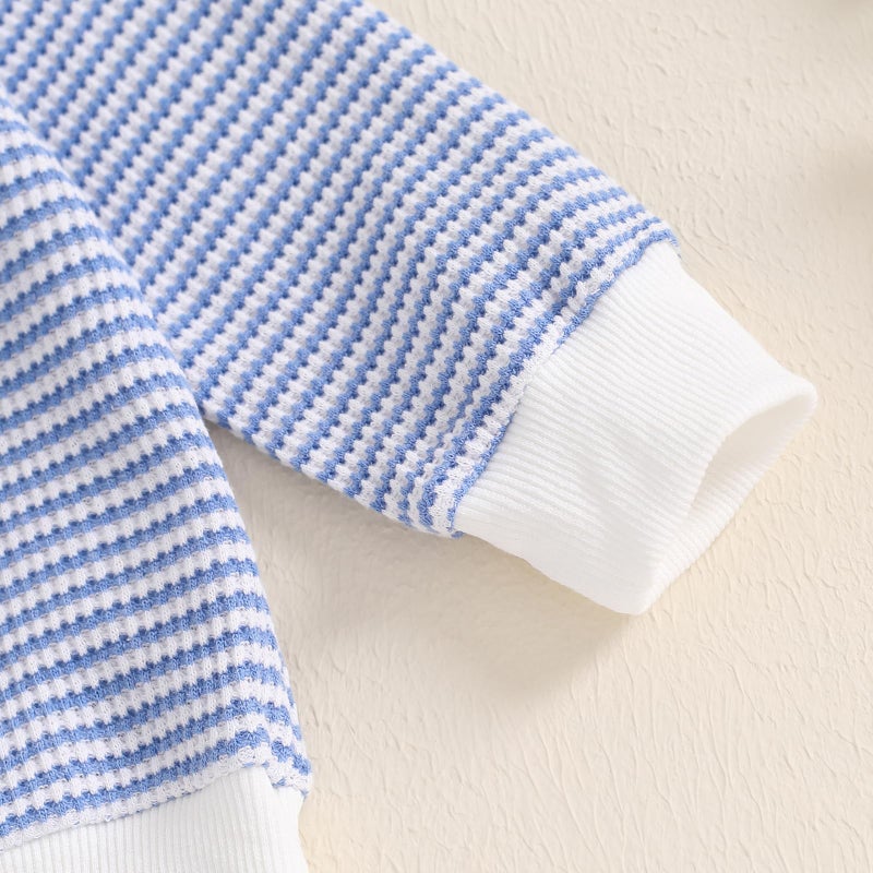 allshope Baby Boy Fall Clothes Set Long Sleeve Crewneck Sweatshirts Pants Infant Newborn Waffle Stripe Outfits 6 12 18 24 Months (Stripe Blue, 12-18 Months) - Image 5