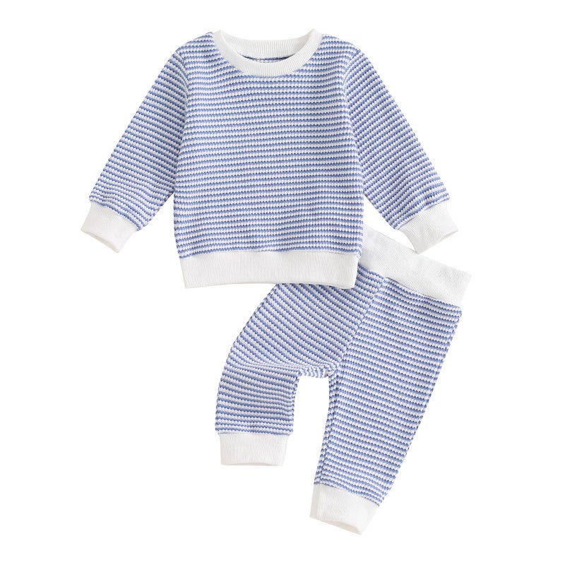 allshope Baby Boy Fall Clothes Set Long Sleeve Crewneck Sweatshirts Pants Infant Newborn Waffle Stripe Outfits 6 12 18 24 Months (Stripe Blue, 12-18 Months) - Image 1