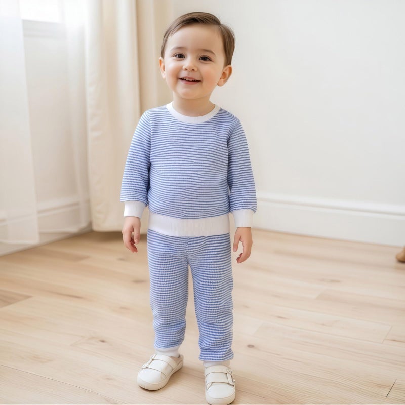 allshope Baby Boy Fall Clothes Set Long Sleeve Crewneck Sweatshirts Pants Infant Newborn Waffle Stripe Outfits 6 12 18 24 Months (Stripe Blue, 12-18 Months) - Image 2
