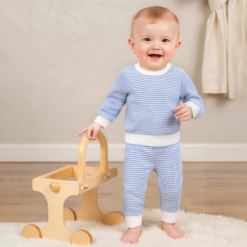 allshope Baby Boy Fall Clothes Set Long Sleeve Crewneck Sweatshirts Pants Infant Newborn Waffle Stripe Outfits 6 12 18 24 Months (Stripe Blue, 12-18 Months) - Image 3