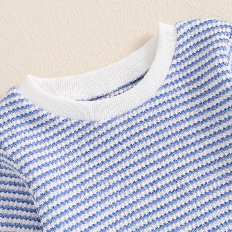 allshope Baby Boy Fall Clothes Set Long Sleeve Crewneck Sweatshirts Pants Infant Newborn Waffle Stripe Outfits 6 12 18 24 Months (Stripe Blue, 12-18 Months) - Image 4