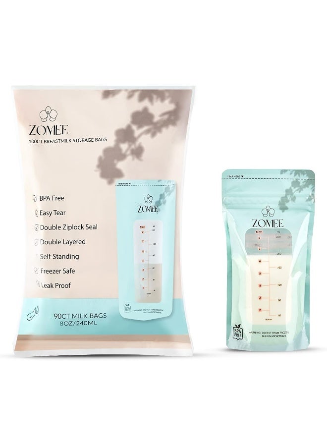 Zomee Zomee 90 Count Breast Milk Storage Bags - 8 OZ/240 ML, Leak Proof, Double Zipper Seal, Self-Standing, for Storage of Breast Milk in Fridge or Freezer  - Image 1