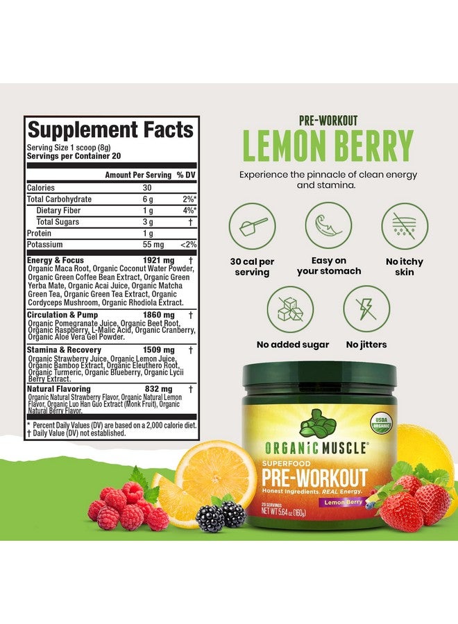 Organic Muscle USDA Organic Pre-Workout Powder, Lemon Berry | Clean Energy Without Jitters | Natural Performance Boost | No Artificial Sweeteners | 20 Superfoods | Low Caffeine, 20 Servings - Image 3