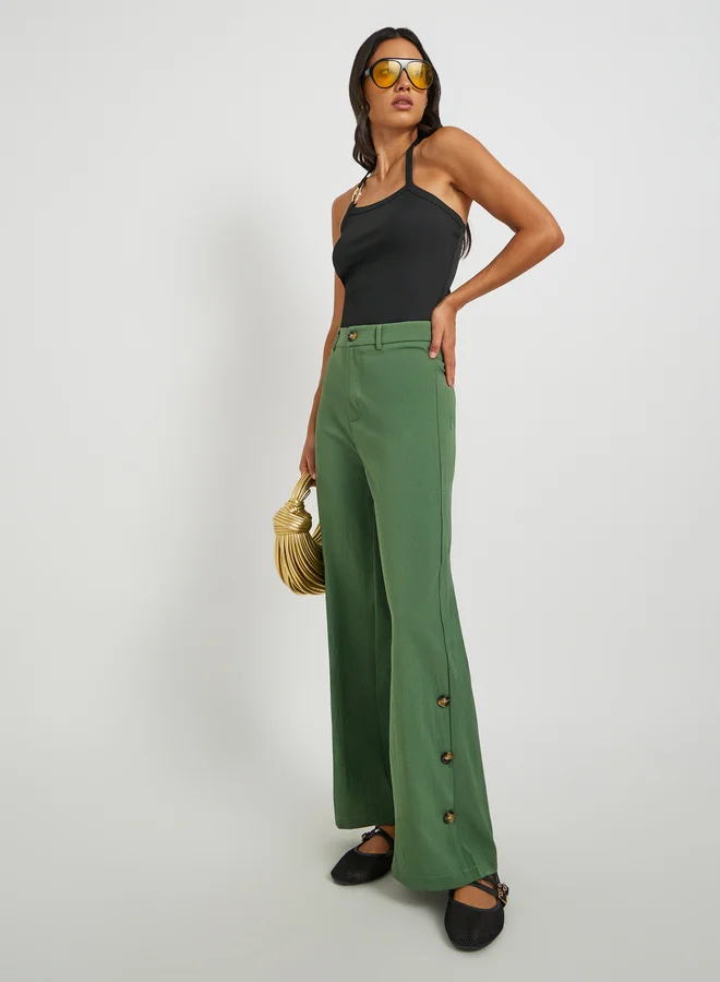 Take Two Solid Mid Rise Relaxed Fit Pants with Side Button Detail