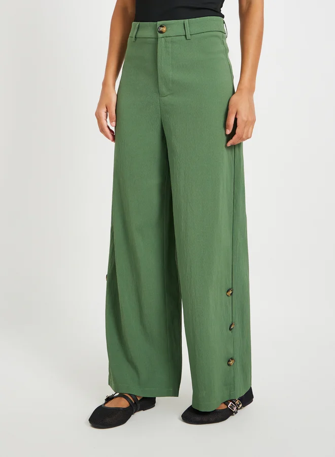 Take Two Solid Mid Rise Relaxed Fit Pants with Side Button Detail