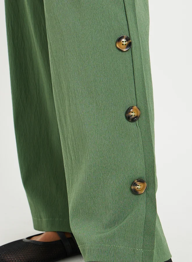 Take Two Solid Mid Rise Relaxed Fit Pants with Side Button Detail
