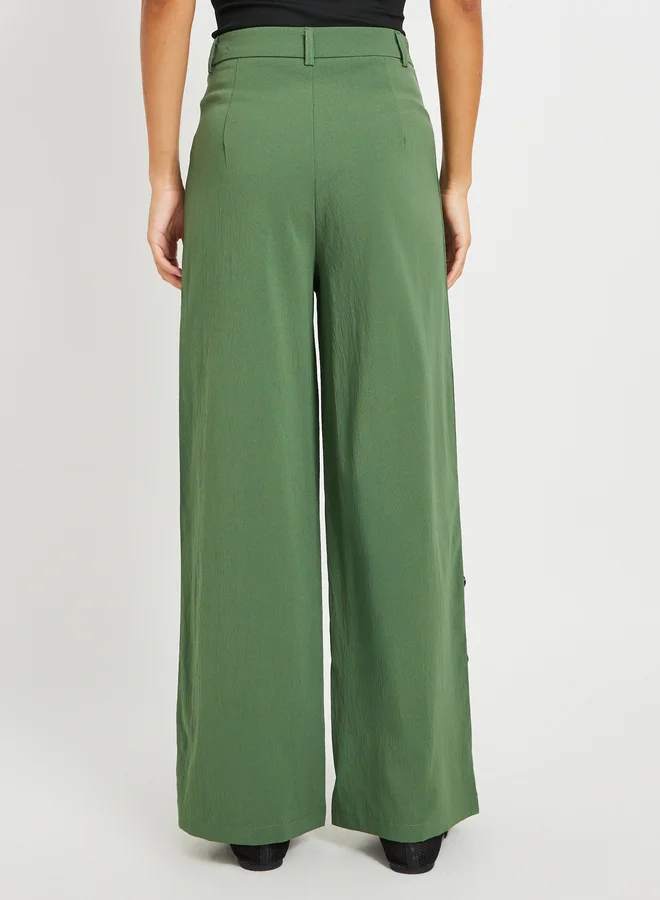 Take Two Solid Mid Rise Relaxed Fit Pants with Side Button Detail