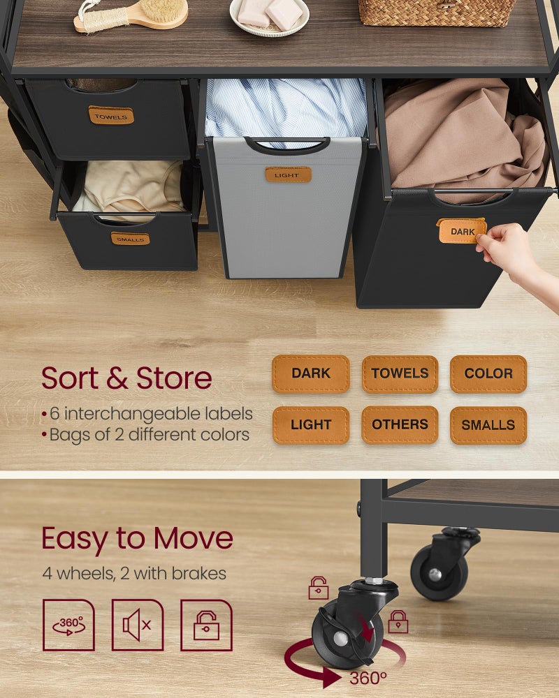 VASAGLE Laundry Hamper with 4 Compartments, 39.6 Gal. (150 L) Laundry Sorter, Rolling Laundry Cart with Shelves, Small Side Pockets, 6 Labels, Chestnut Brown, Ink Black and Dove Gray UBLH203B01 - Image 4