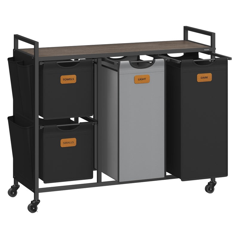 VASAGLE Laundry Hamper with 4 Compartments, 39.6 Gal. (150 L) Laundry Sorter, Rolling Laundry Cart with Shelves, Small Side Pockets, 6 Labels, Chestnut Brown, Ink Black and Dove Gray UBLH203B01 - Image 1