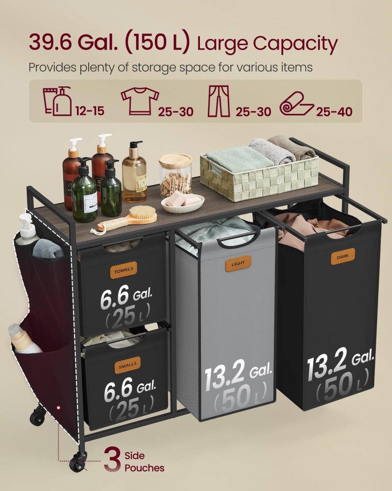 VASAGLE Laundry Hamper with 4 Compartments, 39.6 Gal. (150 L) Laundry Sorter, Rolling Laundry Cart with Shelves, Small Side Pockets, 6 Labels, Chestnut Brown, Ink Black and Dove Gray UBLH203B01 - Image 3
