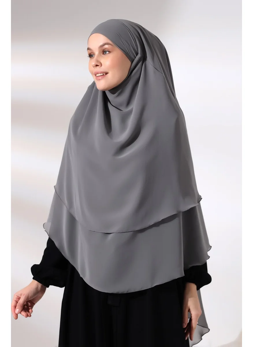 İhvan Gray Three Layer Veiled Short Chiffon Hijab Soufflé Scarf
