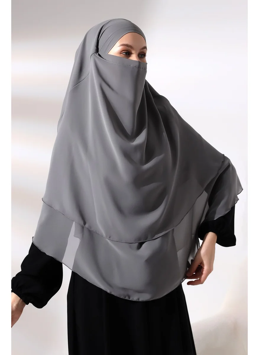 İhvan Gray Three Layer Veiled Short Chiffon Hijab Soufflé Scarf