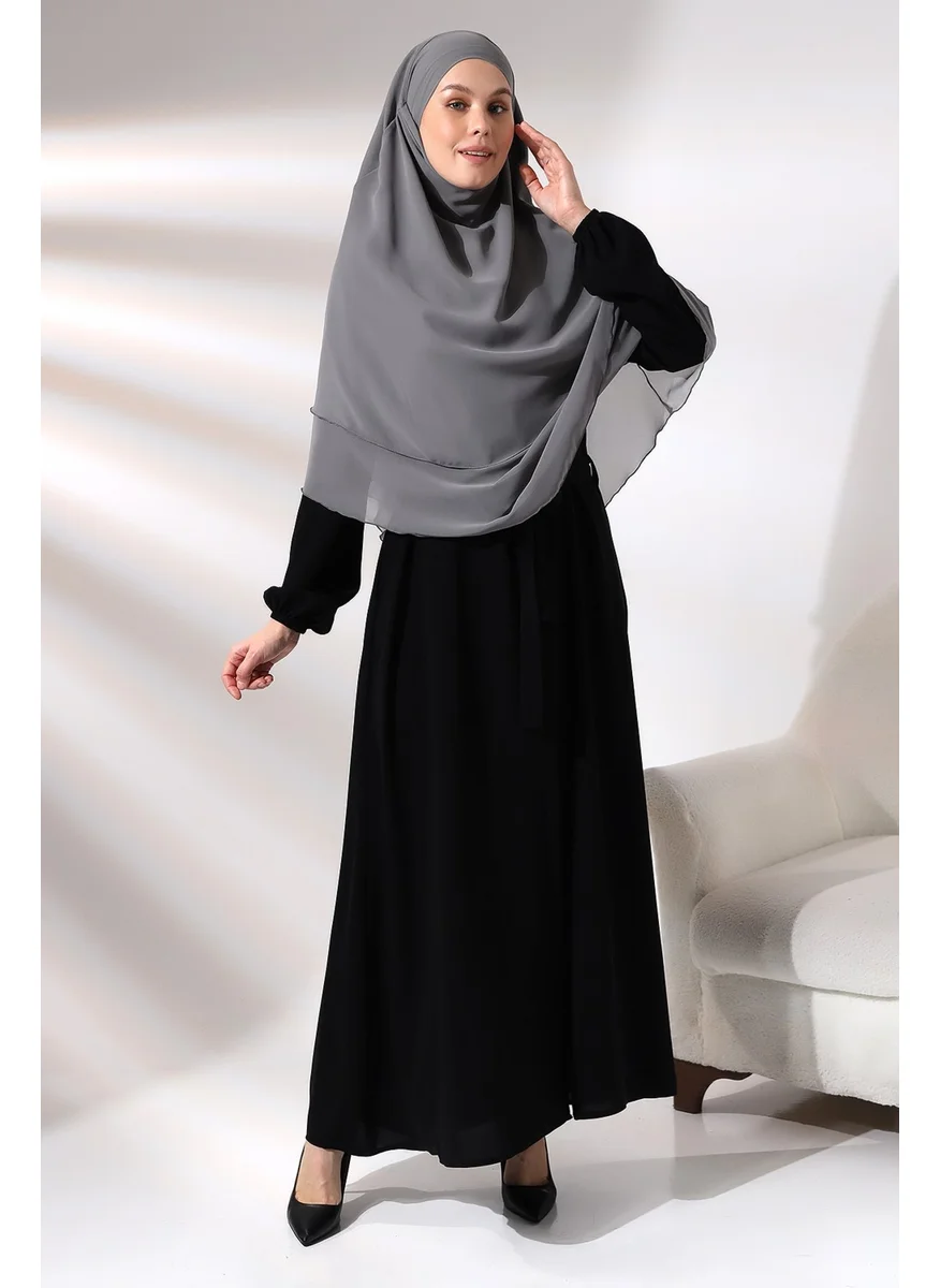 İhvan Gray Three Layer Veiled Short Chiffon Hijab Soufflé Scarf