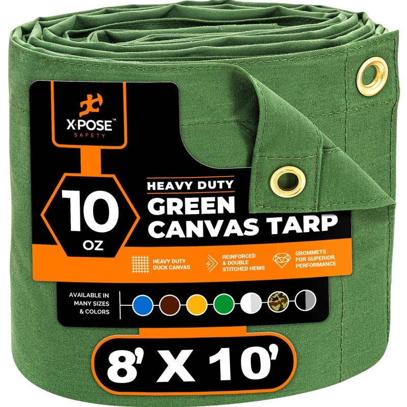 Xpose Safety Canvas Tarp 10oz Green Canvas Tarps Heavy Duty Water Resistant with Brass Grommets Multipurpose Outdoor Tarpaulin for Camping Canopy Trailer Equipment Cover 8 x 10