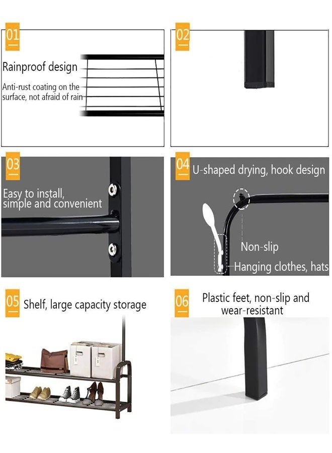 2-Tier Stainless Steel Shoes Rack and Coat Hanging Stand for Home