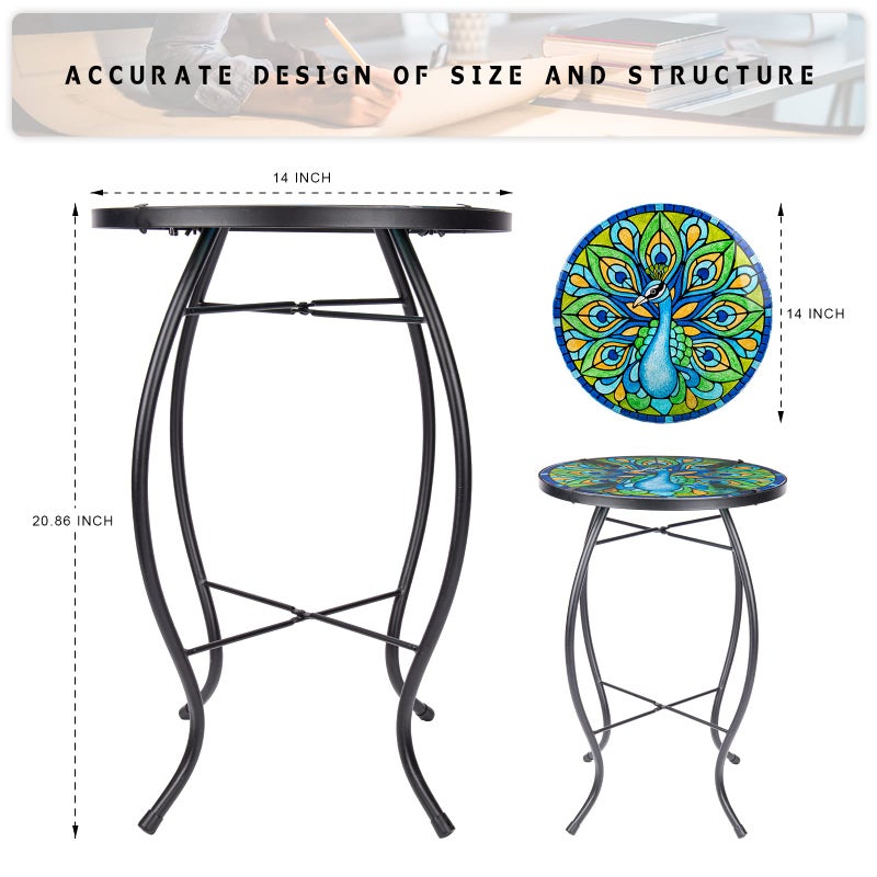 MUMTOP Outdoor Side Table - Small Mosaic Patio Tables, 14â€ Round Accent End Coffee Glass Plant Stand for Garden Living Room(Peacock) - Image 4