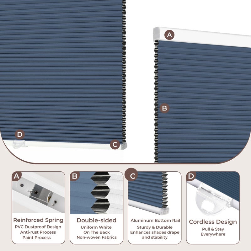 Allesin Cellular Shades Cordless Blackout Honeycomb Blinds for Indoor Windows, Thermal Insulated Window Shades Noise Reduction, Easy to Install, Perfect for Bedroom/Living Room, Blue 29" W x 64" H - Image 3