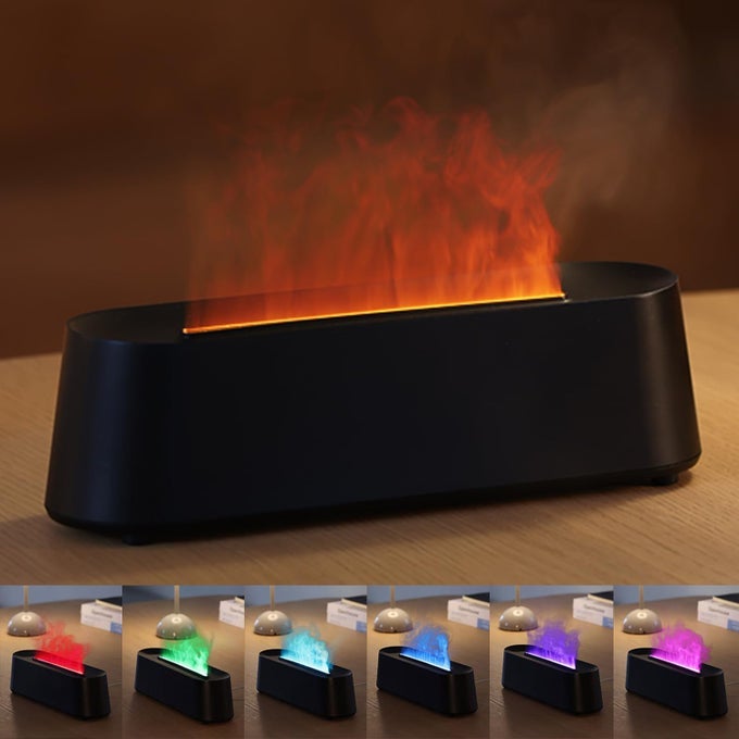 ESSENTIAL OIL DIFFUSER FIREPLACE FIRE FLAME AROMATHERAPY DIFFUSER 250ML COOL MIST HUMIDIFIER SCENT AROMA DIFFUSER WITH 7 COLORS LIGHT REMOTE CONTROL TIMER AUTOOFF FOR HOME ROOM BLACK