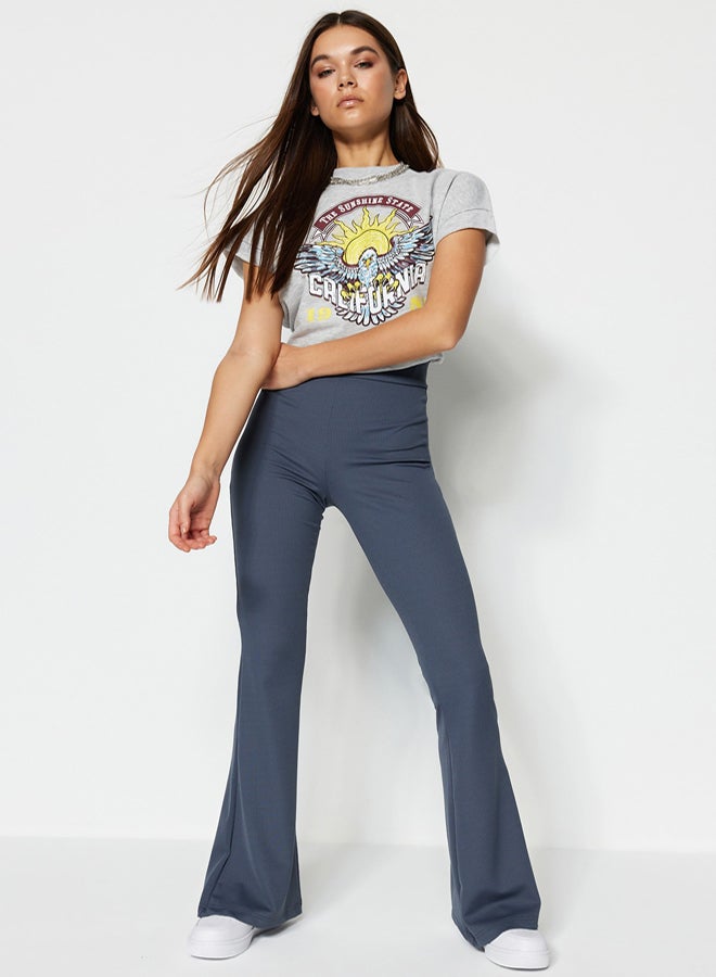 trendyol Anthracite Ribbed Flare / Flare Leg High Waist Stretchy Knitted Leggings Trousers - Image 4