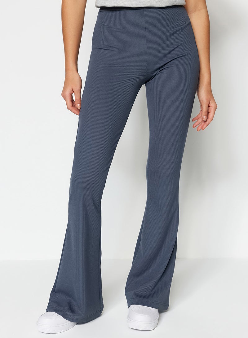 trendyol Anthracite Ribbed Flare / Flare Leg High Waist Stretchy Knitted Leggings Trousers - Image 3
