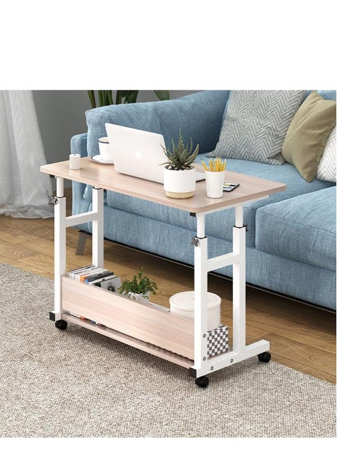 Home Office Desk, Height Adjustable Laptop Table with Shelf, Portable Small Computer Desk with Rolling Wheel, Modern Side Table for Work Study Reading,Stable and Durable, 80 * 40 * 60-90cm. (white maple)